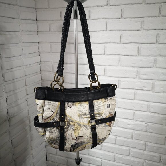 Michi "Retired" Gina Demi Shell Old World Map Lined Handbag w/ Woven Handles - Picture 5 of 12